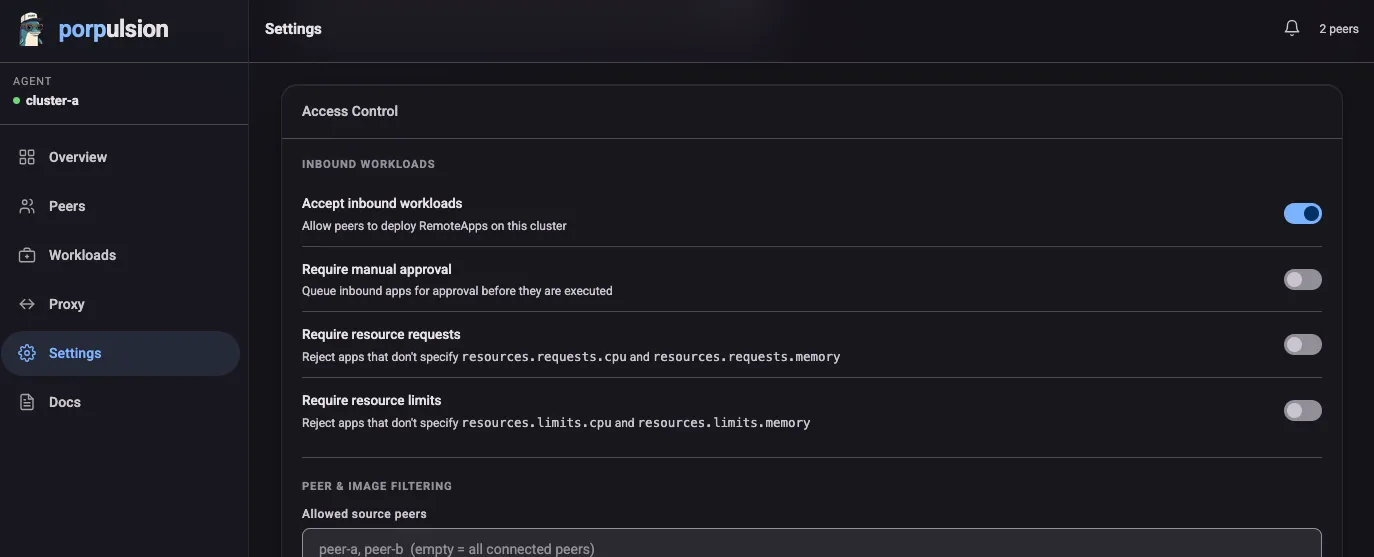 Settings page showing image policy and source peer access control