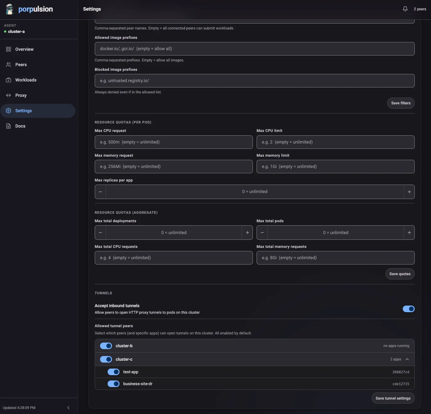 Settings page showing resource quota configuration